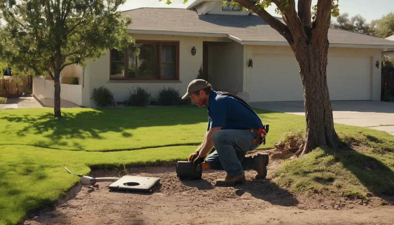 Provider checking a sewer line cleanout beside a stucco ranch home in Riverside
